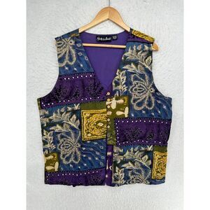 Vintage Shelly & Arnold Vest Womens 1X Patchwork Beaded Artsy Floral Purple Blue